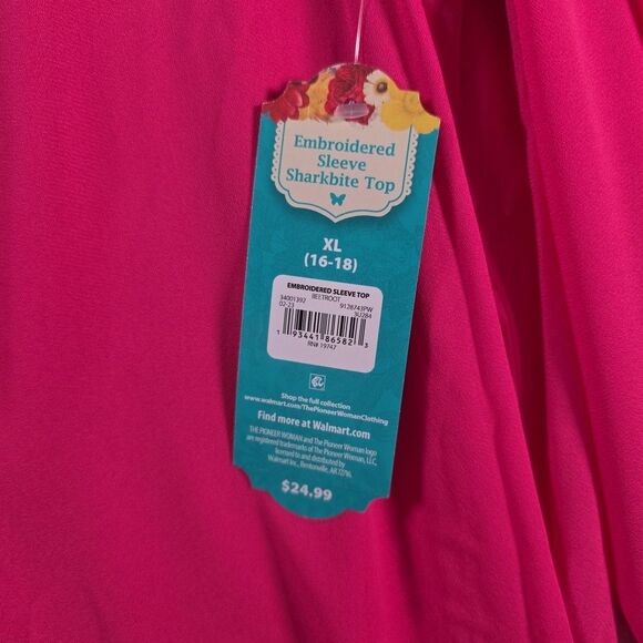 Pioneer Woman Shark Bite Hem Tunic Size XL Pink Peasant Top Embroidered NWT - Picture 8 of 9
